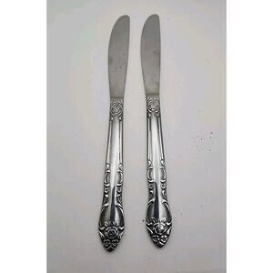2 Vtg Stainless Steel FLATWARE Butter Knives Ornate Rose Floral Handle Japan